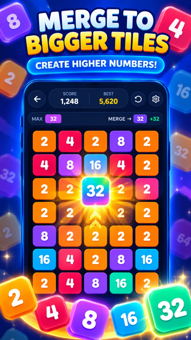 Chain Merge Classic board creating a glowing 32 tile
