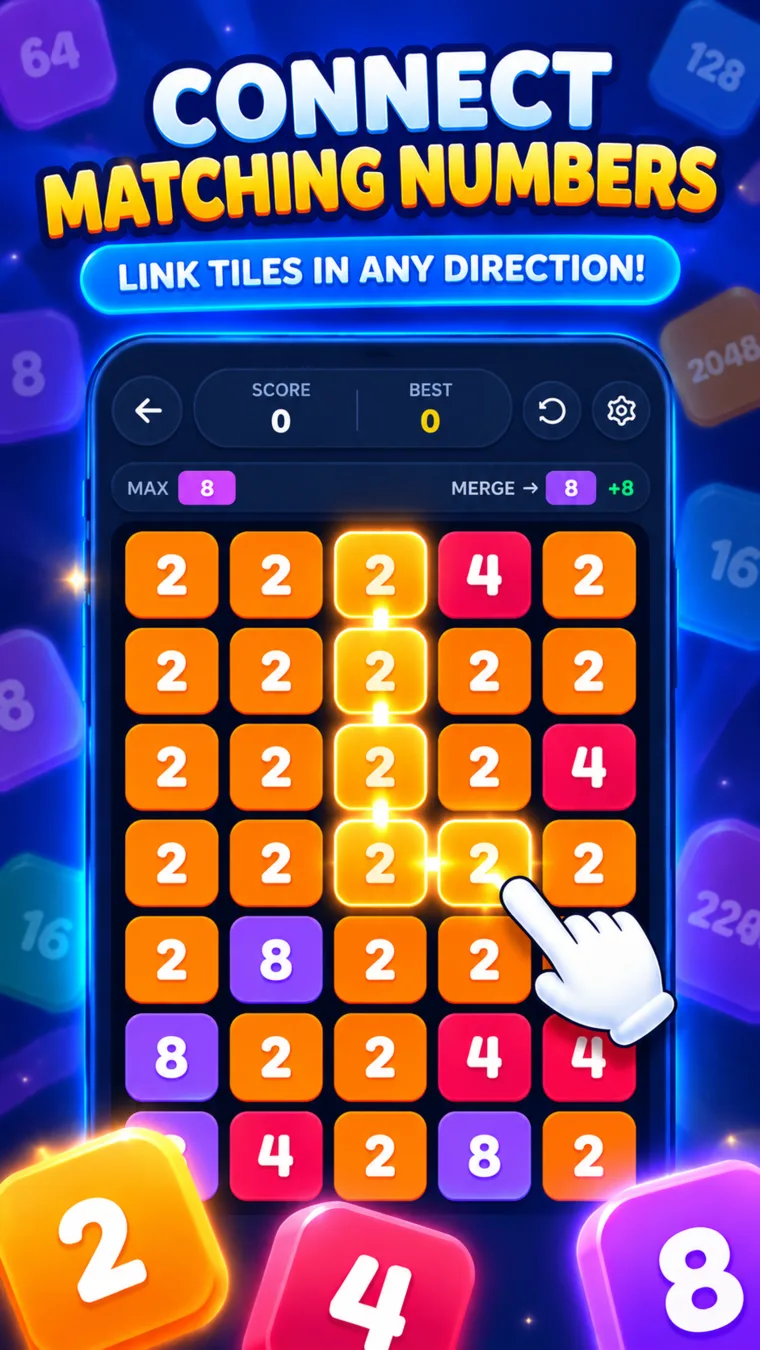 Chain Merge Classic showing a glowing path through matching number tiles