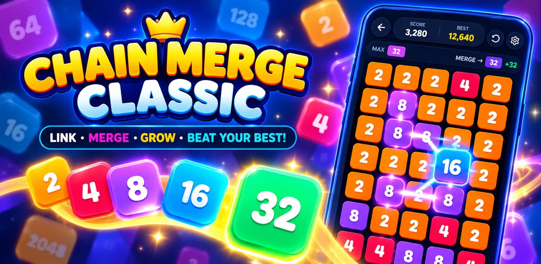 Chain Merge Classic gameplay with colorful number tiles and a glowing merge chain